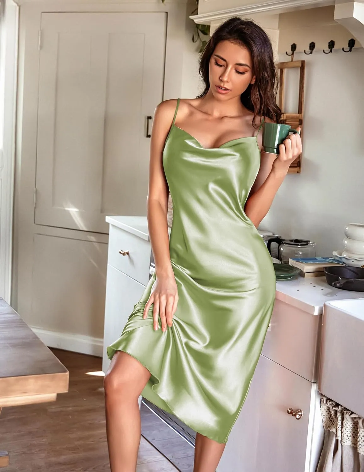 Ekouaer Womens Satin Nightgown Sexy Lingerie Sleepwear Spaghetti Strap Cowl Neck Elegant Long Slip Satin Silk Midi Dress