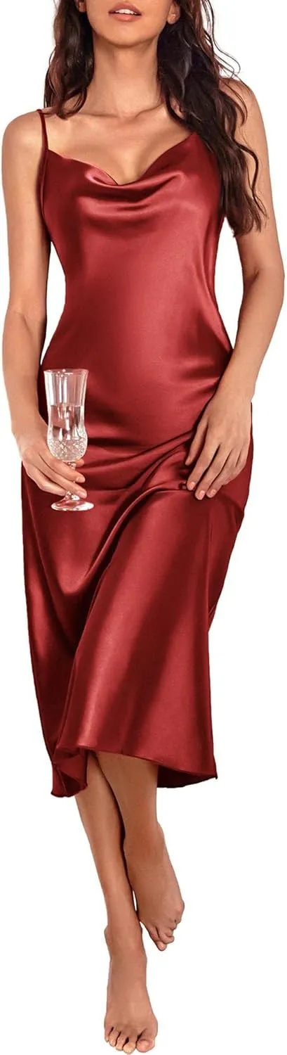 Ekouaer Womens Satin Nightgown Sexy Lingerie Sleepwear Spaghetti Strap Cowl Neck Elegant Long Slip Satin Silk Midi Dress