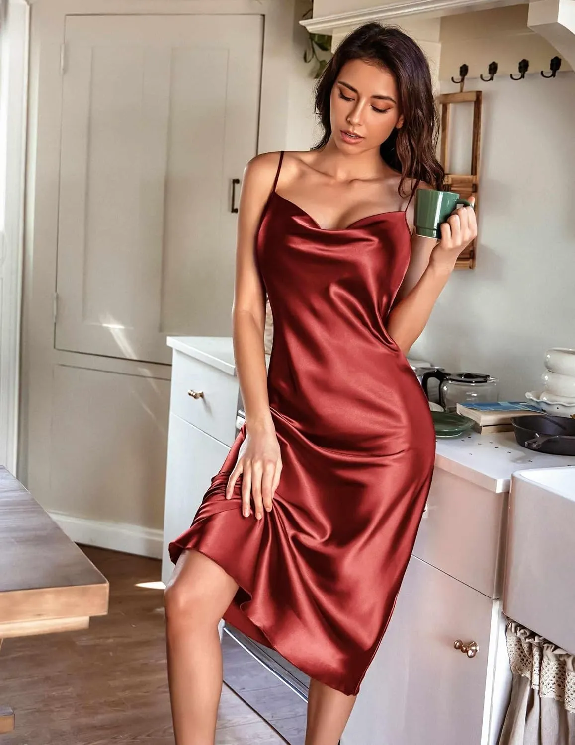 Ekouaer Womens Satin Nightgown Sexy Lingerie Sleepwear Spaghetti Strap Cowl Neck Elegant Long Slip Satin Silk Midi Dress