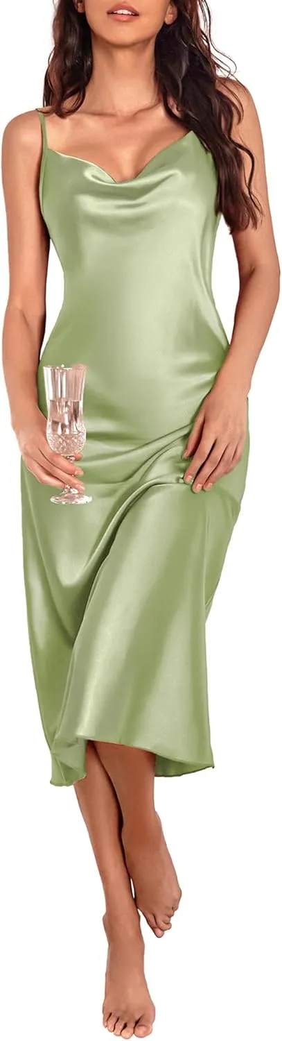 Ekouaer Womens Satin Nightgown Sexy Lingerie Sleepwear Spaghetti Strap Cowl Neck Elegant Long Slip Satin Silk Midi Dress