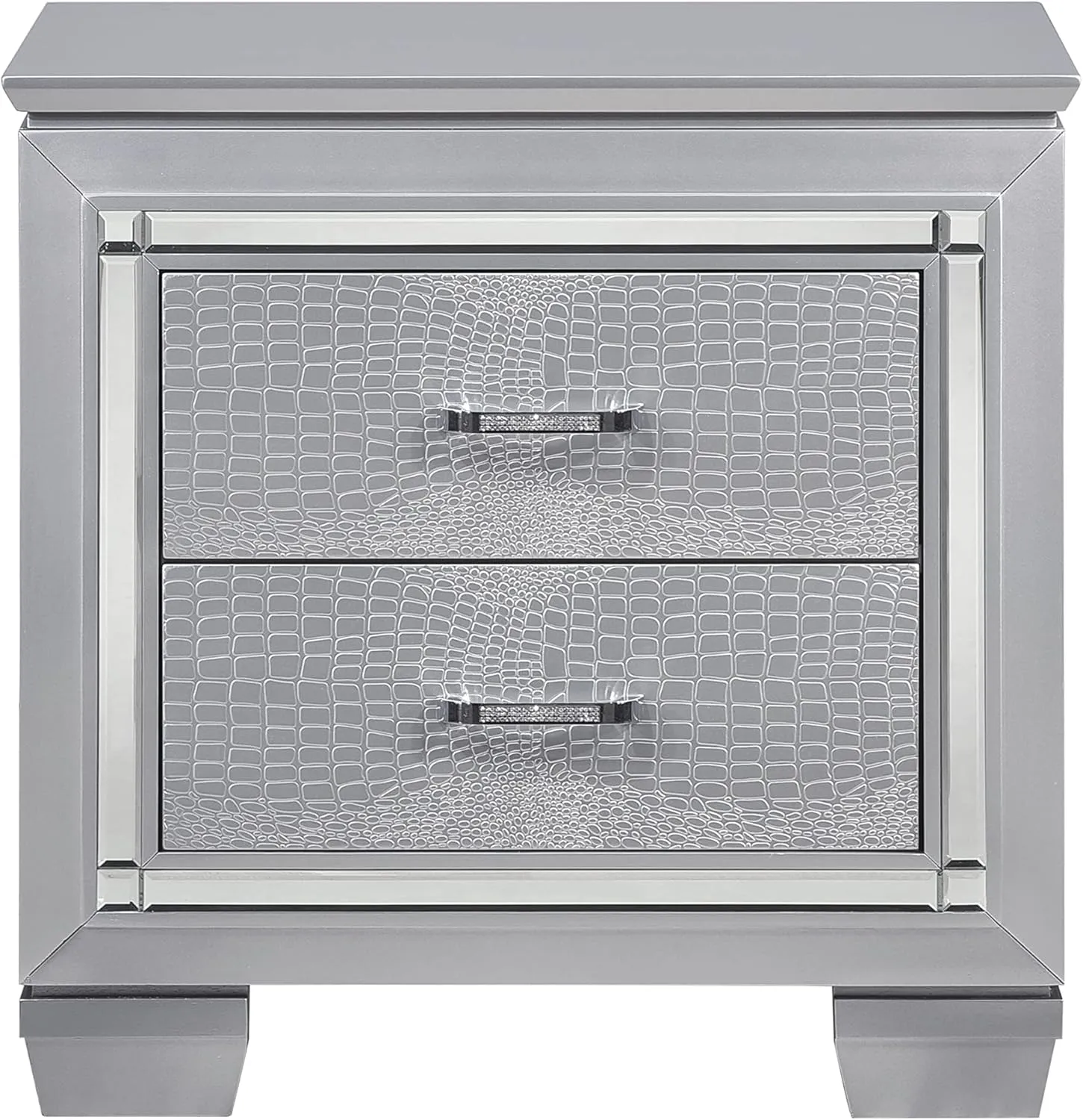 Elegant Bedroom Storage with Glamorous Silver Finish Nightstand, 2 Dovetail Drawers and Faux Alligator Embossed Fronts