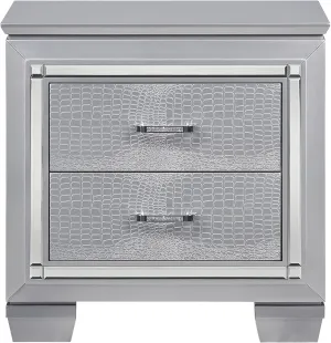Elegant Bedroom Storage with Glamorous Silver Finish Nightstand, 2 Dovetail Drawers and Faux Alligator Embossed Fronts