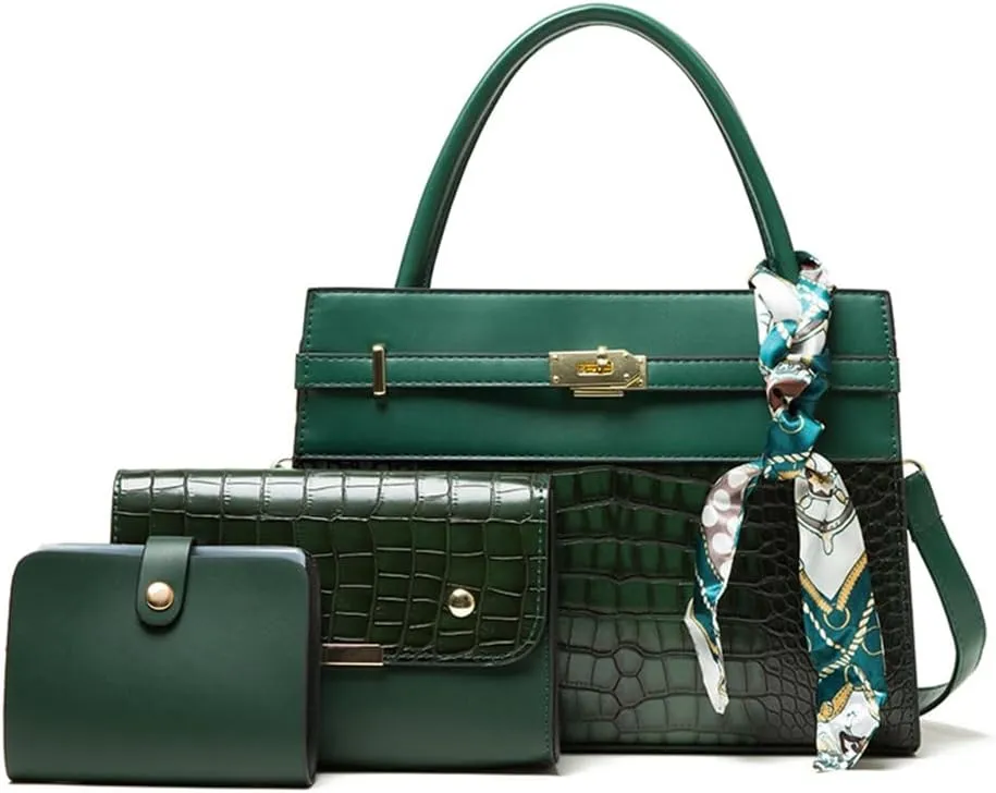 Elegant Women's Crocodile Pattern Leather Handbag Set - 3PCS Fashion Tote & Crossbody Purse