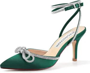 ELEGANTPARK Heels for Women Pointed Closed Toe Shoes Sexy Ankle Strap Rhinestones Bow High Heel Pumps Satin Wedding Evening Prom Dress Shoes