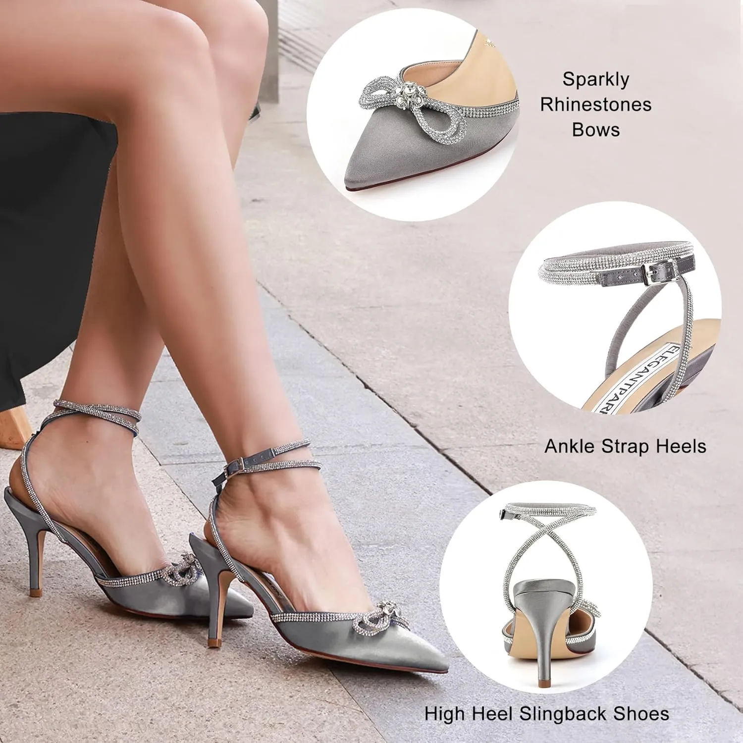 ELEGANTPARK Heels for Women Pointed Closed Toe Shoes Sexy Ankle Strap Rhinestones Bow High Heel Pumps Satin Wedding Evening Prom Dress Shoes