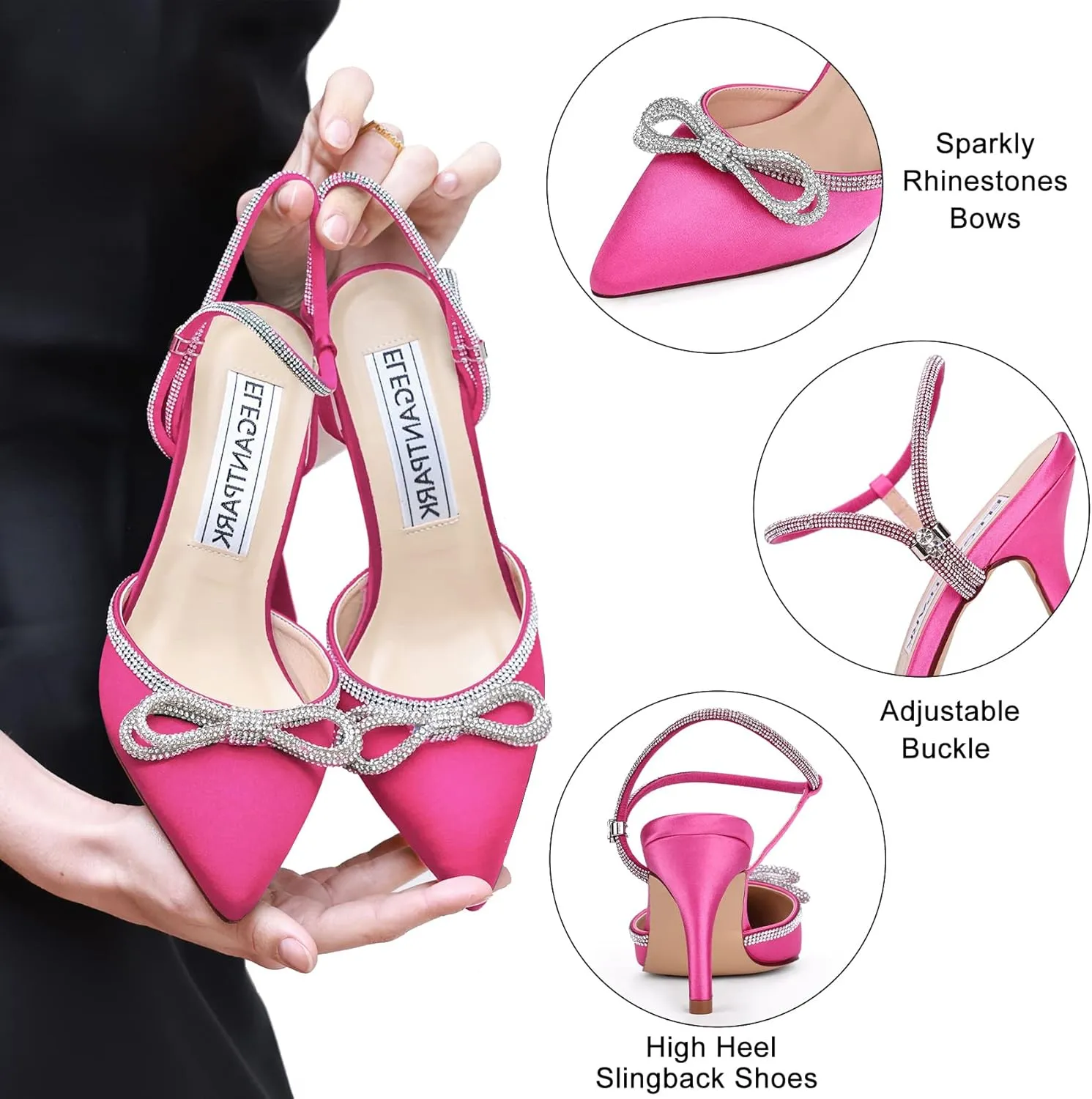 ELEGANTPARK Heels for Women Pointed Closed Toe Shoes Sexy Ankle Strap Rhinestones Bow High Heel Pumps Satin Wedding Evening Prom Dress Shoes