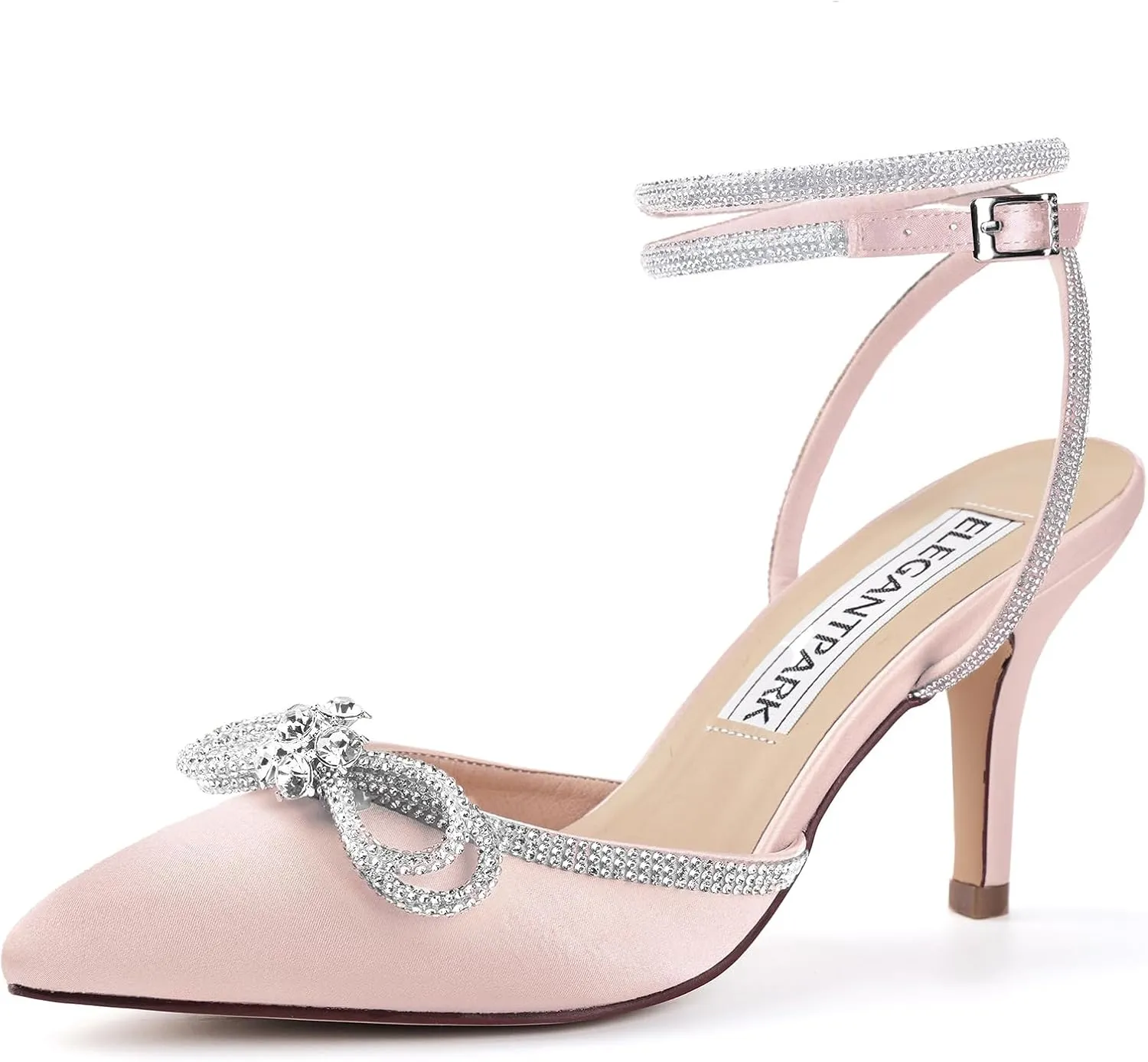 ELEGANTPARK Heels for Women Pointed Closed Toe Shoes Sexy Ankle Strap Rhinestones Bow High Heel Pumps Satin Wedding Evening Prom Dress Shoes