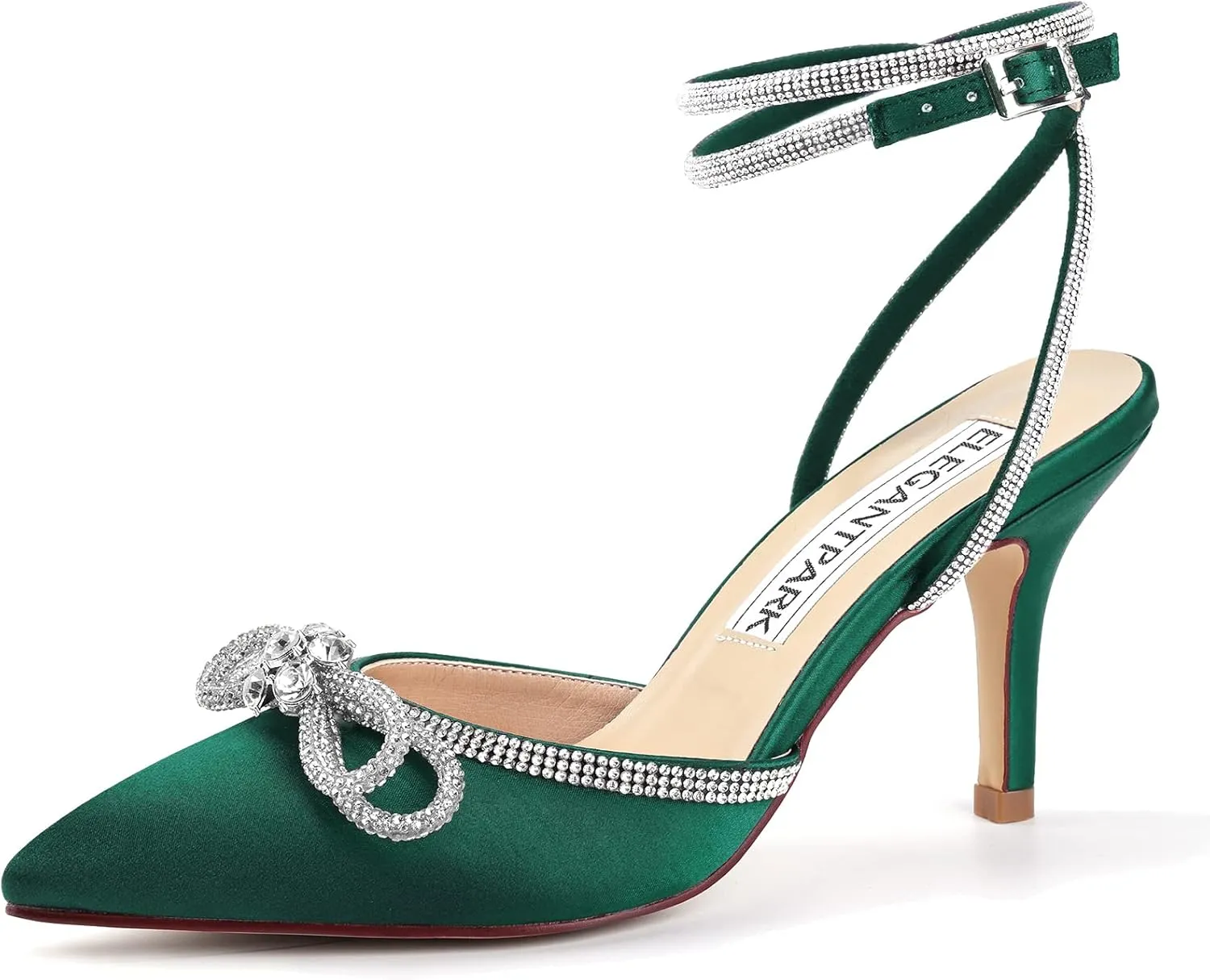 ELEGANTPARK Heels for Women Pointed Closed Toe Shoes Sexy Ankle Strap Rhinestones Bow High Heel Pumps Satin Wedding Evening Prom Dress Shoes