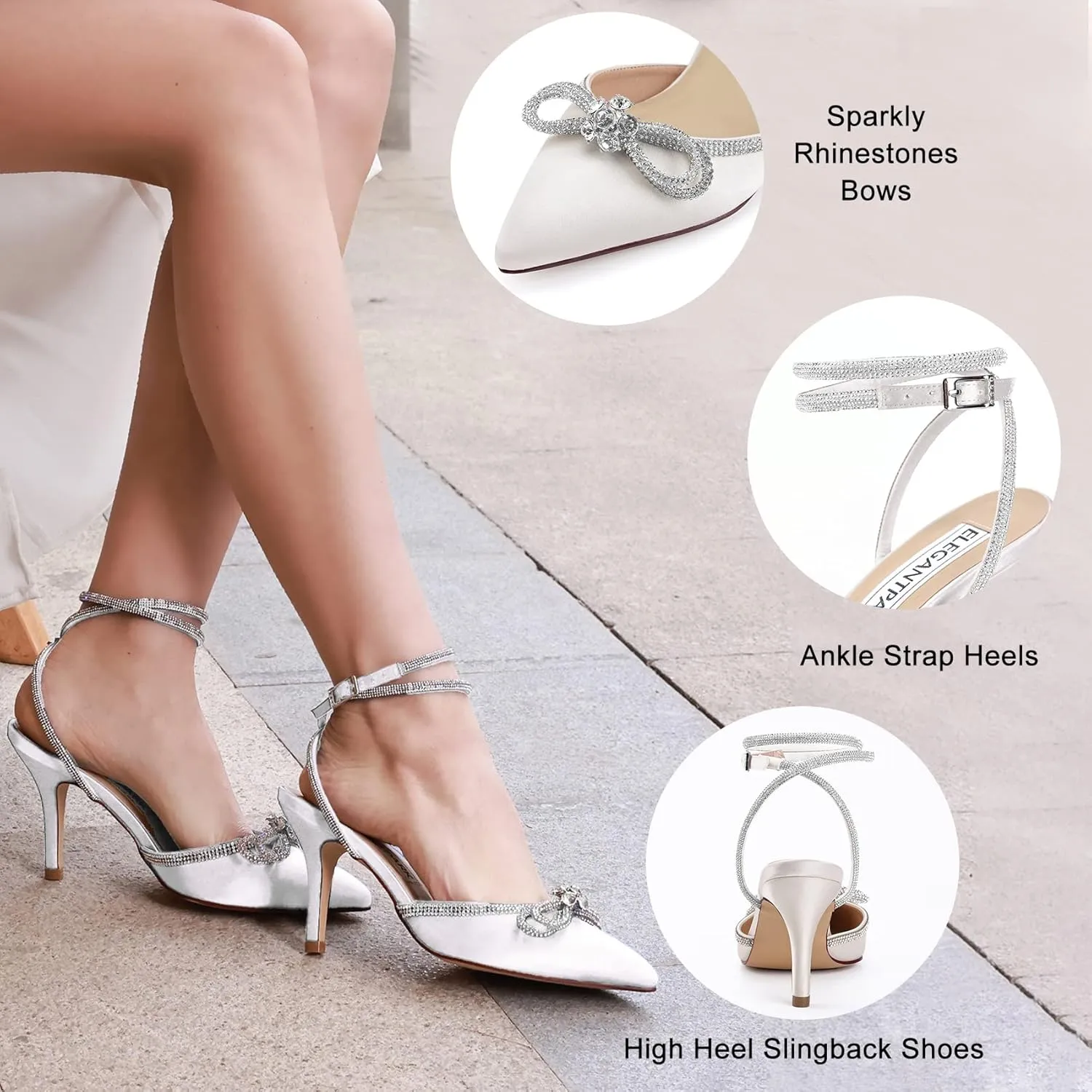 ELEGANTPARK Heels for Women Pointed Closed Toe Shoes Sexy Ankle Strap Rhinestones Bow High Heel Pumps Satin Wedding Evening Prom Dress Shoes