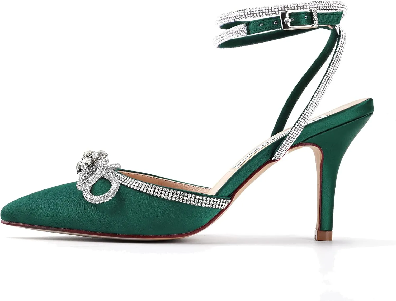 ELEGANTPARK Heels for Women Pointed Closed Toe Shoes Sexy Ankle Strap Rhinestones Bow High Heel Pumps Satin Wedding Evening Prom Dress Shoes