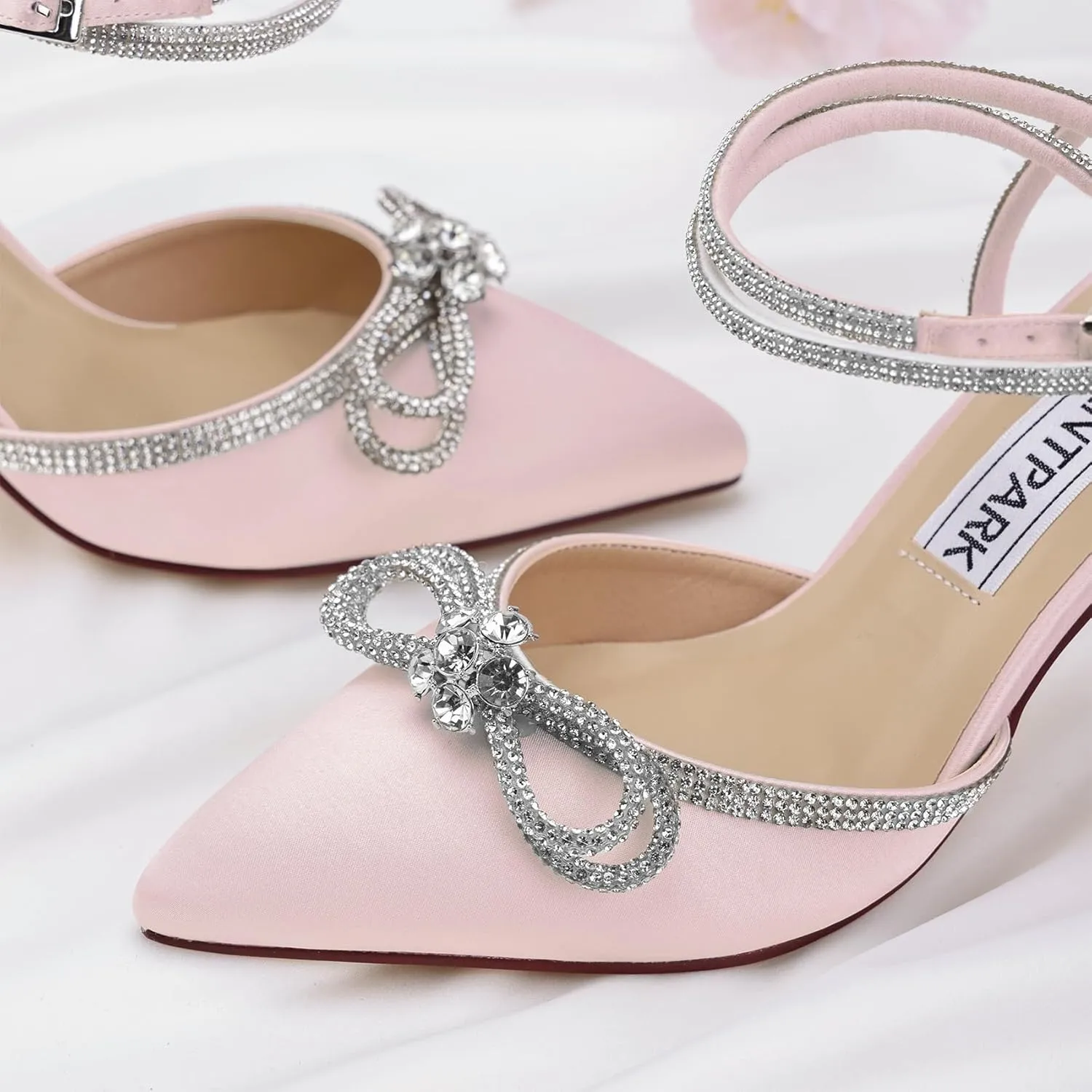 ELEGANTPARK Heels for Women Pointed Closed Toe Shoes Sexy Ankle Strap Rhinestones Bow High Heel Pumps Satin Wedding Evening Prom Dress Shoes