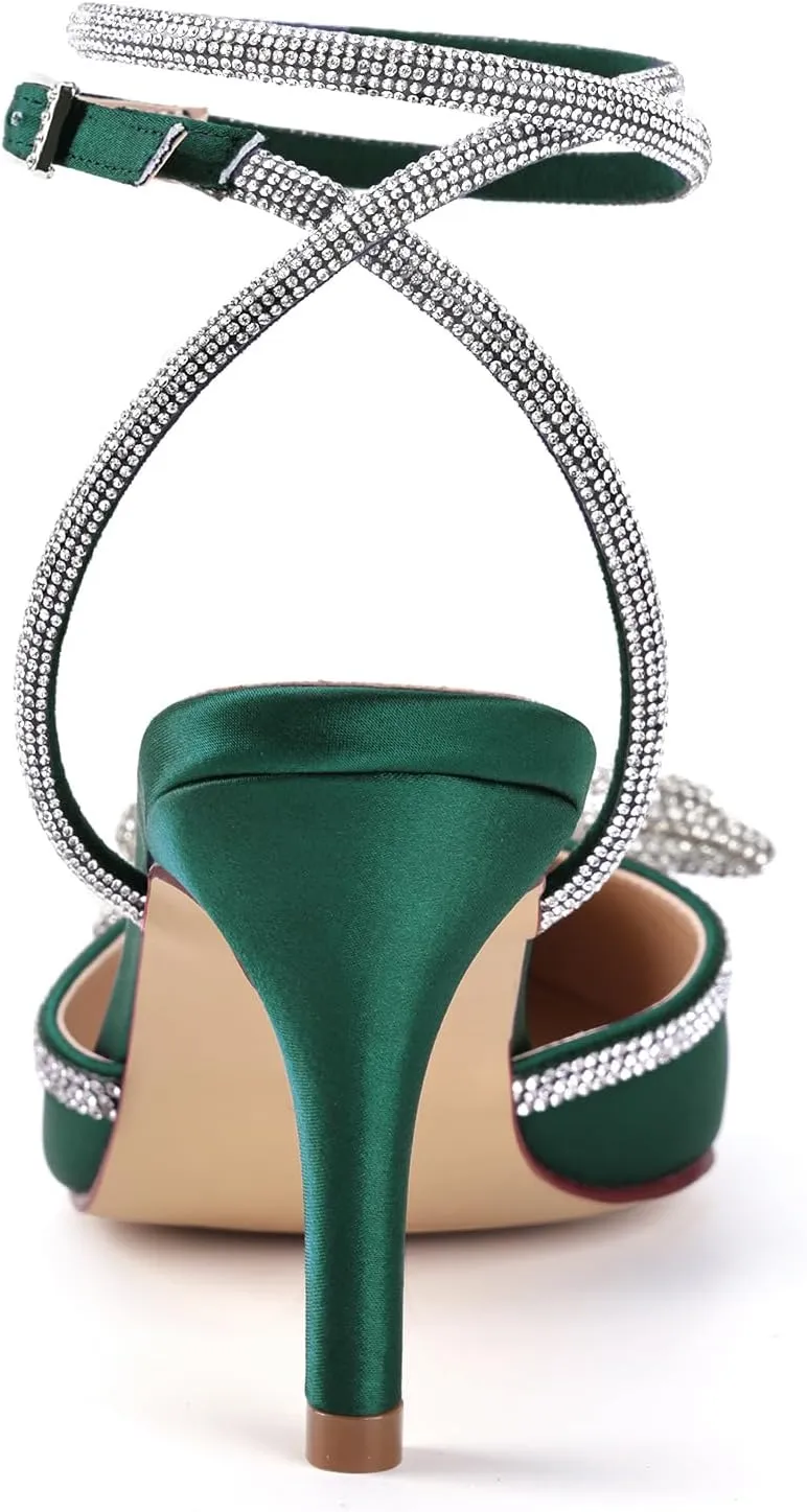 ELEGANTPARK Heels for Women Pointed Closed Toe Shoes Sexy Ankle Strap Rhinestones Bow High Heel Pumps Satin Wedding Evening Prom Dress Shoes