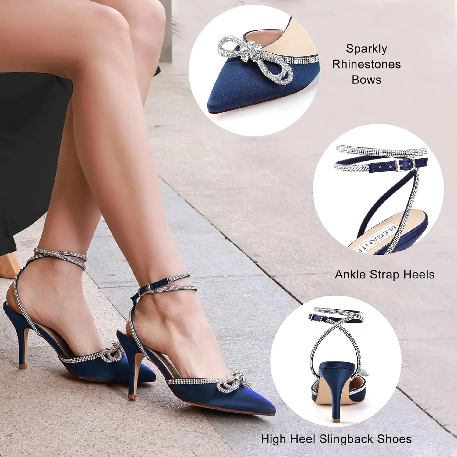 ELEGANTPARK Heels for Women Pointed Closed Toe Shoes Sexy Ankle Strap Rhinestones Bow High Heel Pumps Satin Wedding Evening Prom Dress Shoes