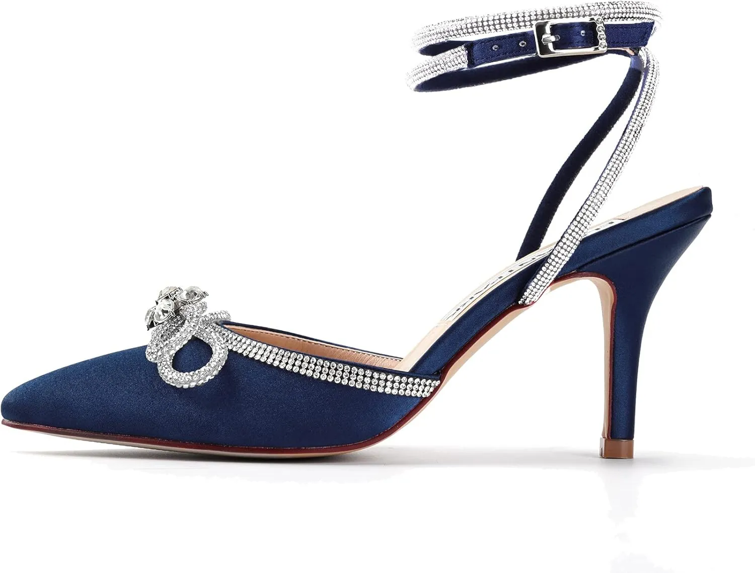 ELEGANTPARK Heels for Women Pointed Closed Toe Shoes Sexy Ankle Strap Rhinestones Bow High Heel Pumps Satin Wedding Evening Prom Dress Shoes