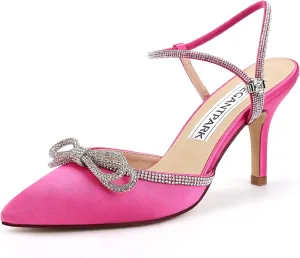 ELEGANTPARK Heels for Women Pointed Closed Toe Shoes Sexy Ankle Strap Rhinestones Bow High Heel Pumps Satin Wedding Evening Prom Dress Shoes