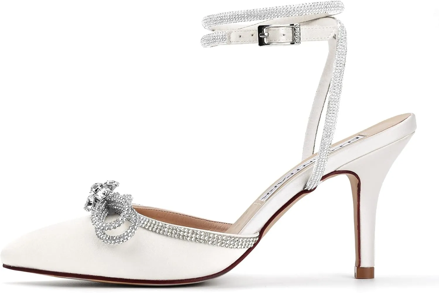 ELEGANTPARK Heels for Women Pointed Closed Toe Shoes Sexy Ankle Strap Rhinestones Bow High Heel Pumps Satin Wedding Evening Prom Dress Shoes