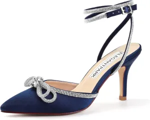 ELEGANTPARK Heels for Women Pointed Closed Toe Shoes Sexy Ankle Strap Rhinestones Bow High Heel Pumps Satin Wedding Evening Prom Dress Shoes