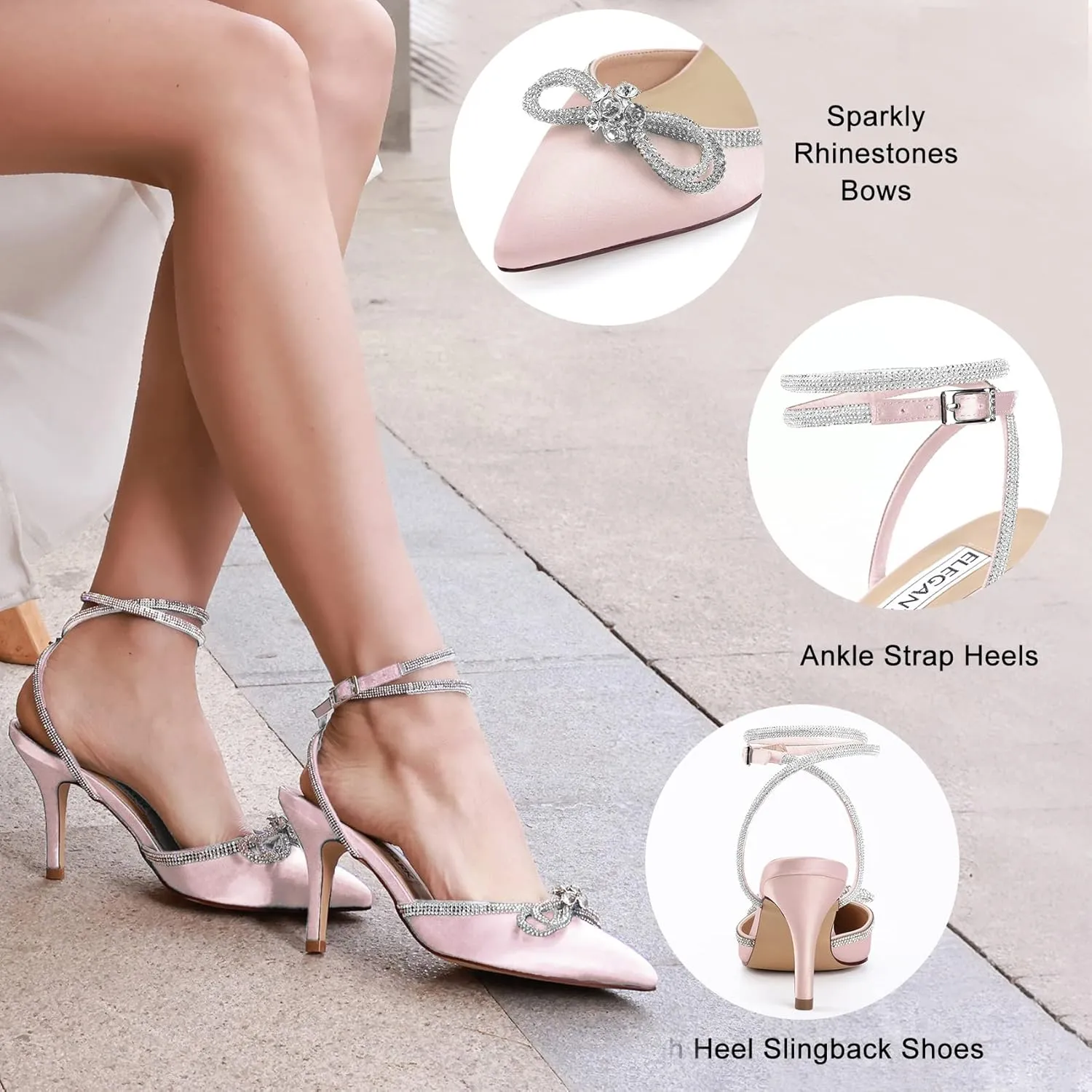 ELEGANTPARK Heels for Women Pointed Closed Toe Shoes Sexy Ankle Strap Rhinestones Bow High Heel Pumps Satin Wedding Evening Prom Dress Shoes