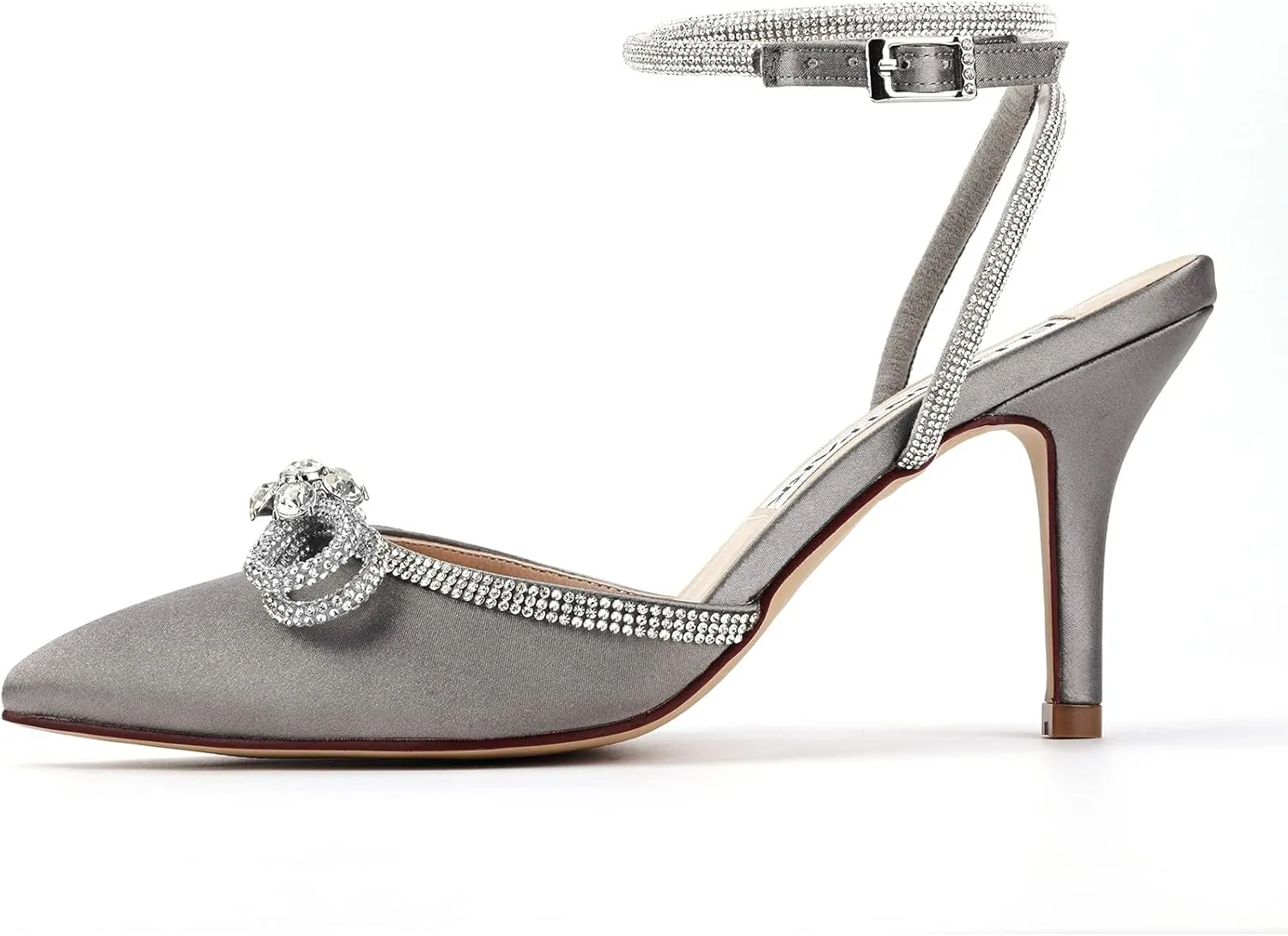 ELEGANTPARK Heels for Women Pointed Closed Toe Shoes Sexy Ankle Strap Rhinestones Bow High Heel Pumps Satin Wedding Evening Prom Dress Shoes