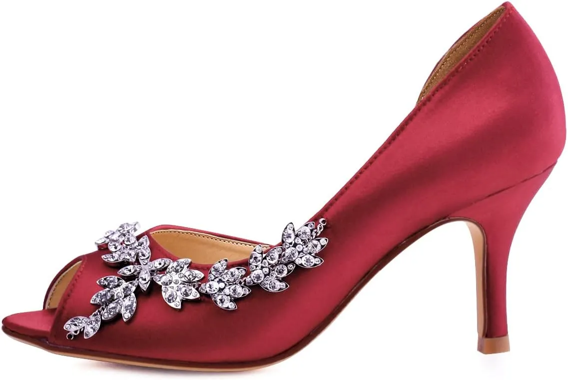 ELEGANTPARK Wedding Heels for Women Peep Toe Wedding Shoes for Bride High Heel Pumps Rhinestones Bridal Shoes Satin Evening Party Prom Dress Pumps