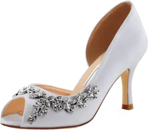 ELEGANTPARK Wedding Heels for Women Peep Toe Wedding Shoes for Bride High Heel Pumps Rhinestones Bridal Shoes Satin Evening Party Prom Dress Pumps