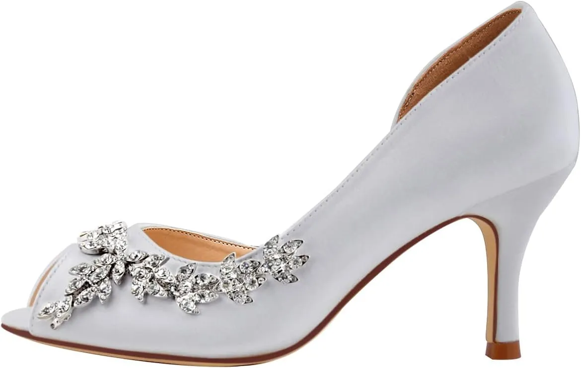 ELEGANTPARK Wedding Heels for Women Peep Toe Wedding Shoes for Bride High Heel Pumps Rhinestones Bridal Shoes Satin Evening Party Prom Dress Pumps