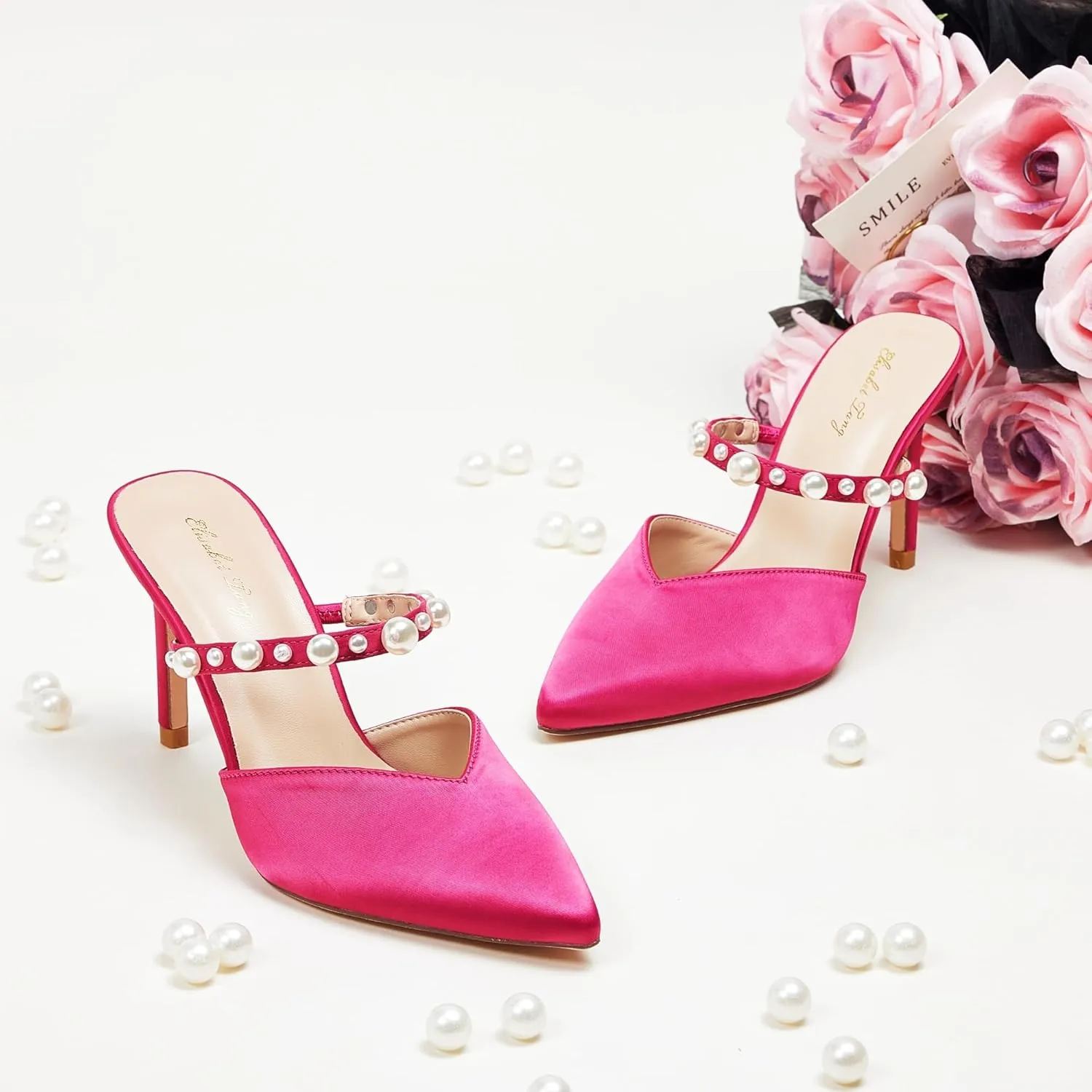 Elisabet Tang Pointed Toe Heels Sandals, 3.54 Inch Pearl Strap Satin Mules Stiletto Heels Glitter Crystal Closed Toe High Heels Backless Slip On Party Dress Daily Wear Pumps