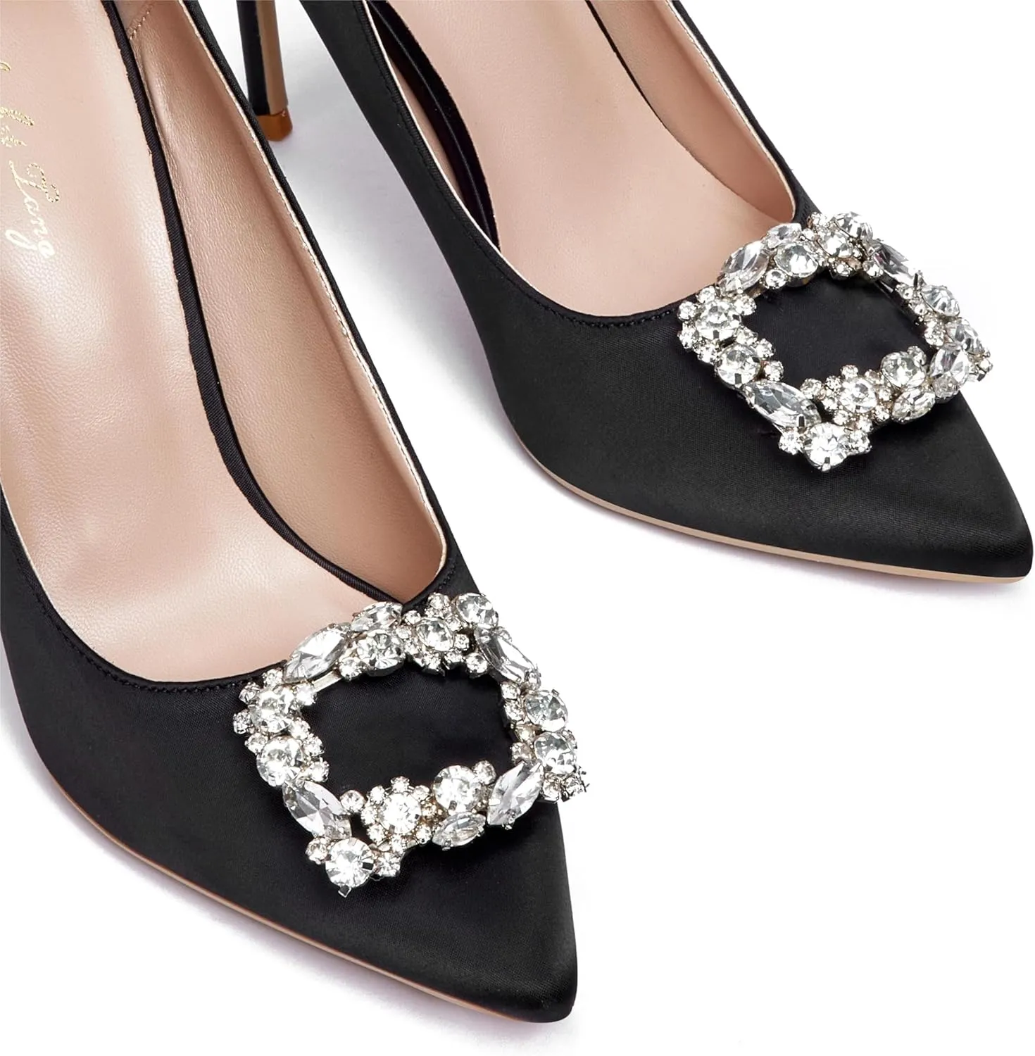 Elisabet Tang Women's Pumps 4 Inch Satin Glitter Rhinestone Heels for Women High Heels Closed Pointed Toe Slip on Party Wedding Shoes