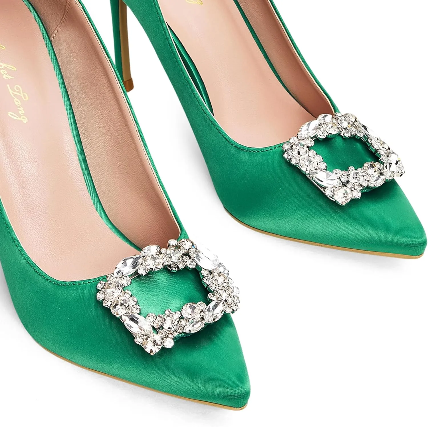 Elisabet Tang Women's Pumps 4 Inch Satin Glitter Rhinestone Heels for Women High Heels Closed Pointed Toe Slip on Party Wedding Shoes