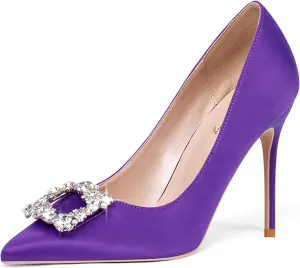 Elisabet Tang Women's Pumps 4 Inch Satin Glitter Rhinestone Heels for Women High Heels Closed Pointed Toe Slip on Party Wedding Shoes