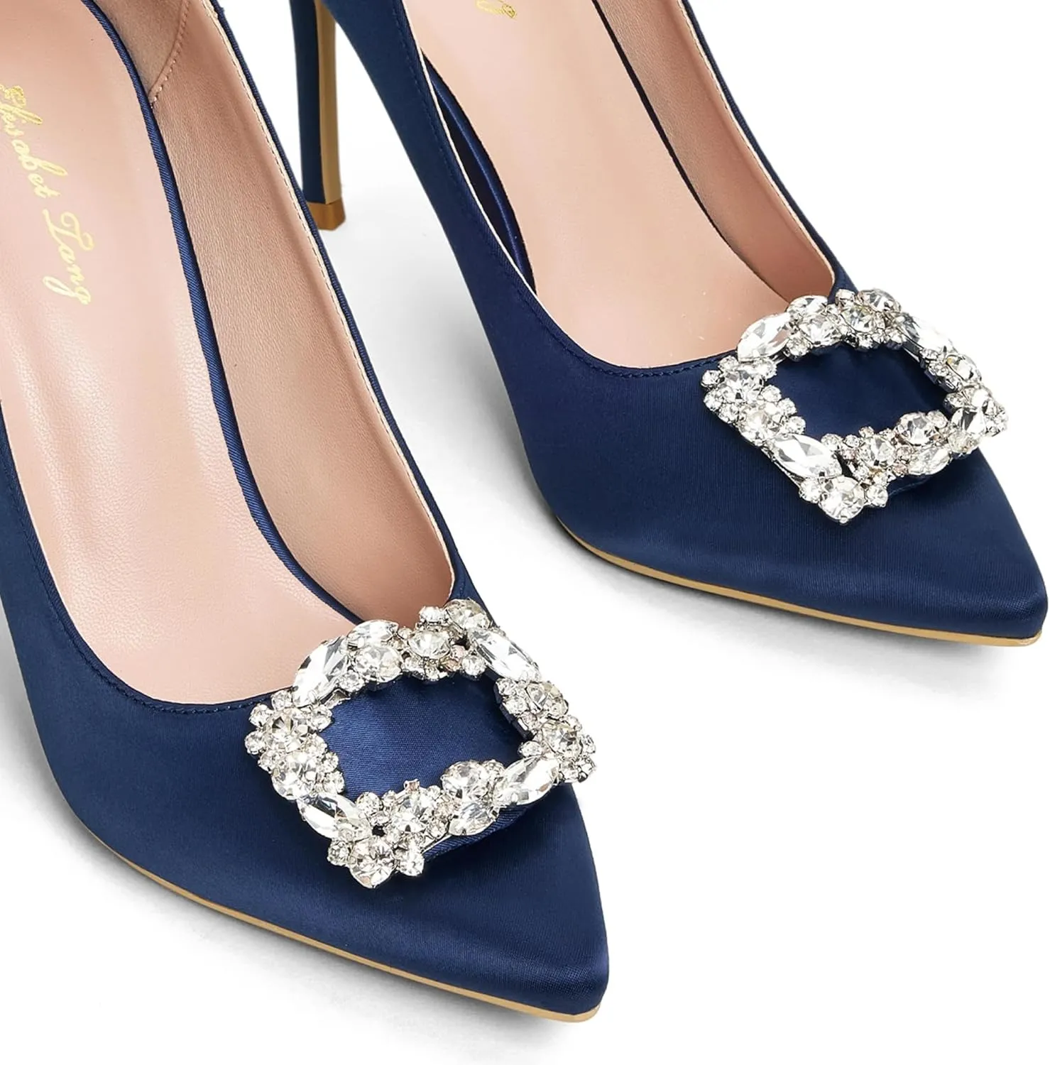 Elisabet Tang Women's Pumps 4 Inch Satin Glitter Rhinestone Heels for Women High Heels Closed Pointed Toe Slip on Party Wedding Shoes