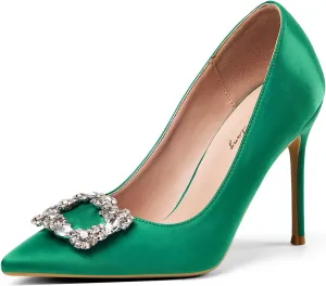 Elisabet Tang Women's Pumps 4 Inch Satin Glitter Rhinestone Heels for Women High Heels Closed Pointed Toe Slip on Party Wedding Shoes