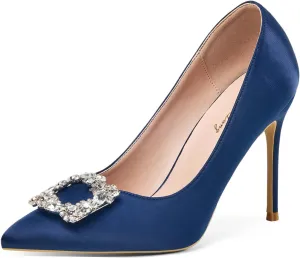 Elisabet Tang Women's Pumps 4 Inch Satin Glitter Rhinestone Heels for Women High Heels Closed Pointed Toe Slip on Party Wedding Shoes