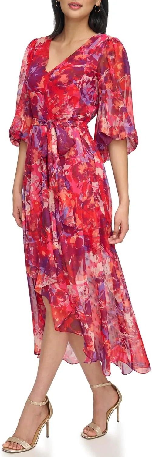 Eliza J Women's 3/4 Balloon Sleeve V-Neck Hi-lo Maxi Dress