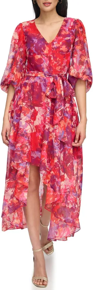 Eliza J Women's 3/4 Balloon Sleeve V-Neck Hi-lo Maxi Dress