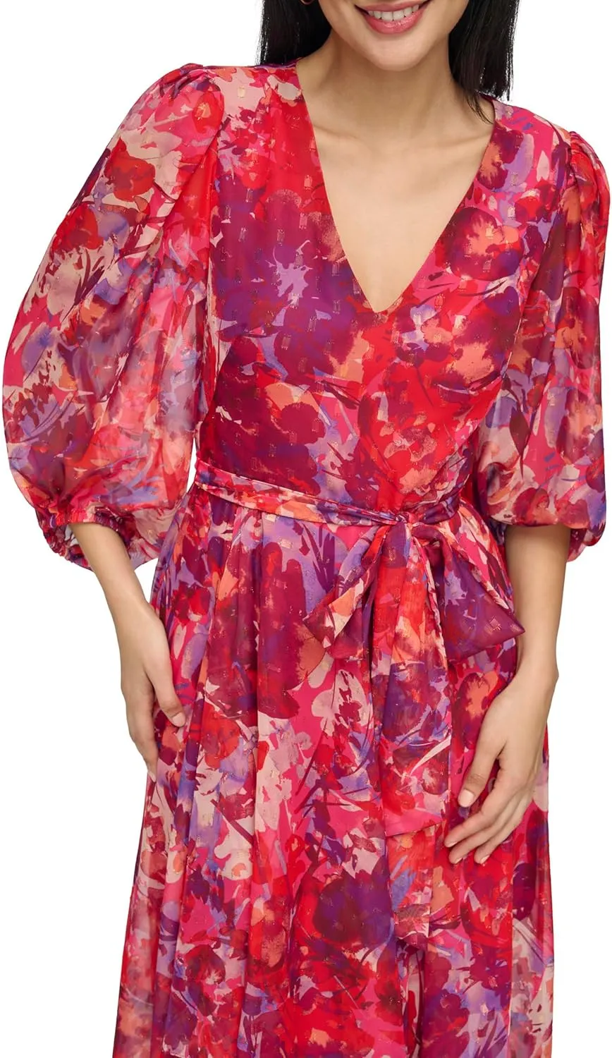 Eliza J Women's 3/4 Balloon Sleeve V-Neck Hi-lo Maxi Dress