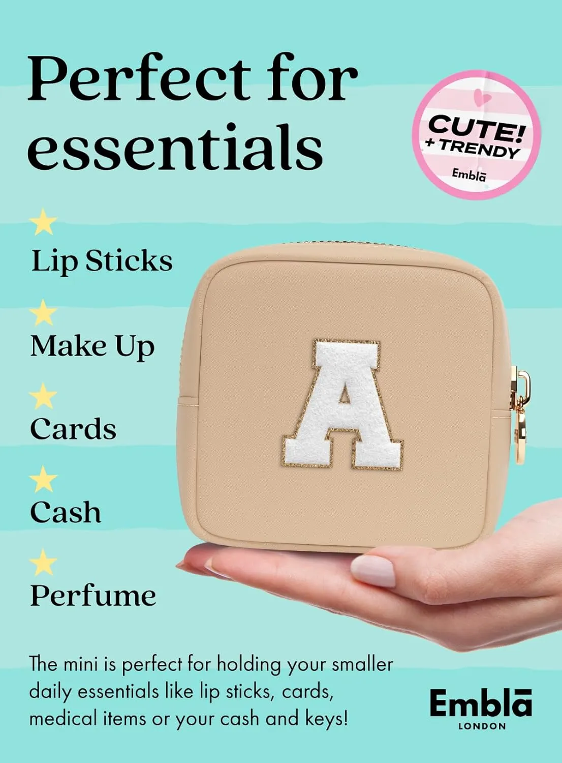 Embla Preppy Makeup Bag Travel Cosmetic Pouch, Cute Make up Case with Personalized Initial, Girls Zipper Pouch Purse Cosmetics Organizer Tote, Waterproof Travel Skincare Makeup Bag, Sand (Letter L)