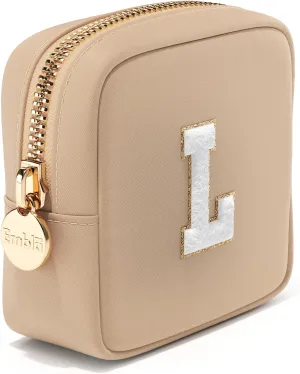 Embla Preppy Makeup Bag Travel Cosmetic Pouch, Cute Make up Case with Personalized Initial, Girls Zipper Pouch Purse Cosmetics Organizer Tote, Waterproof Travel Skincare Makeup Bag, Sand (Letter L)