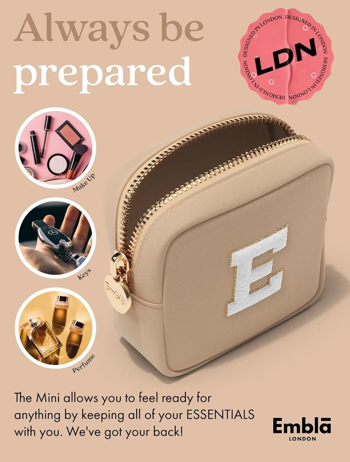 Embla Preppy Makeup Bag Travel Cosmetic Pouch, Cute Make up Case with Personalized Initial, Girls Zipper Pouch Purse Cosmetics Organizer Tote, Waterproof Travel Skincare Makeup Bag, Sand (Letter L)