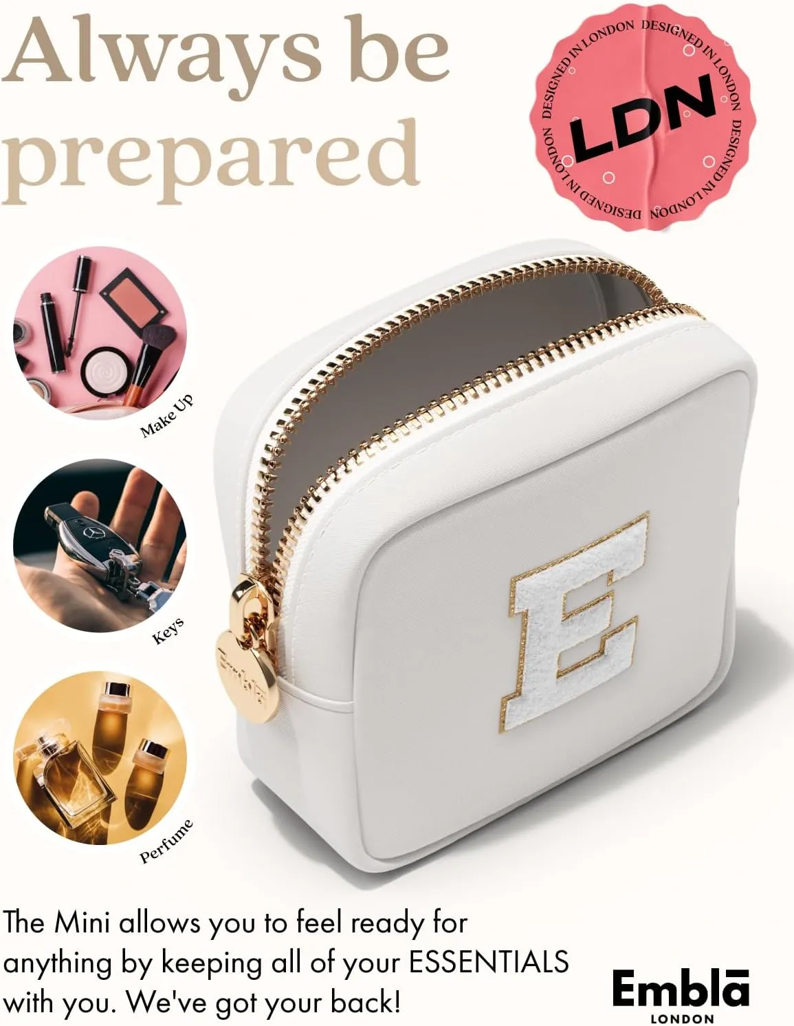 Embla Preppy Makeup Bag Travel Cosmetic Pouch, Cute Make up Case with Personalized Initial, Girls Zipper Pouch Purse Cosmetics Organizer Tote, Waterproof Travel Skincare Makeup Bag, White (Letter M)