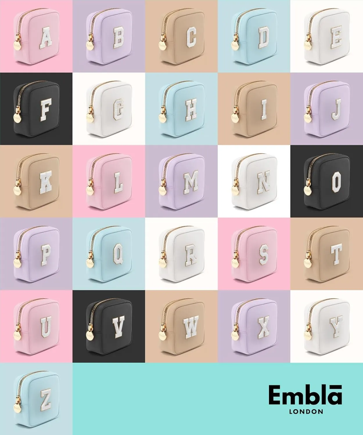 Embla Preppy Makeup Bag Travel Cosmetic Pouch, Cute Make up Case with Personalized Initial, Girls Zipper Pouch Purse Cosmetics Organizer Tote, Waterproof Travel Skincare Makeup Bag, White (Letter M)