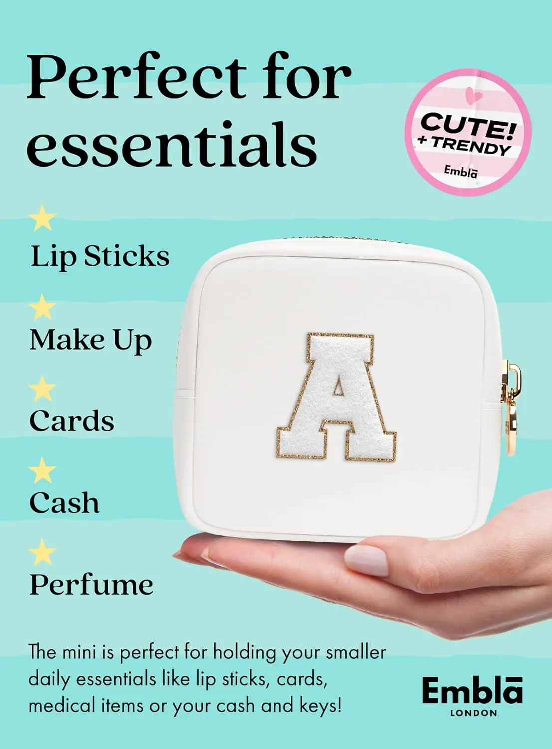 Embla Preppy Makeup Bag Travel Cosmetic Pouch, Cute Make up Case with Personalized Initial, Girls Zipper Pouch Purse Cosmetics Organizer Tote, Waterproof Travel Skincare Makeup Bag, White (Letter M)