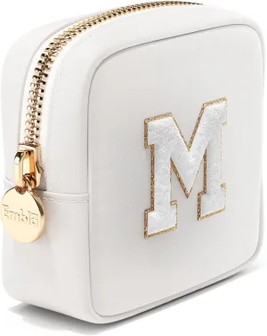 Embla Preppy Makeup Bag Travel Cosmetic Pouch, Cute Make up Case with Personalized Initial, Girls Zipper Pouch Purse Cosmetics Organizer Tote, Waterproof Travel Skincare Makeup Bag, White (Letter M)