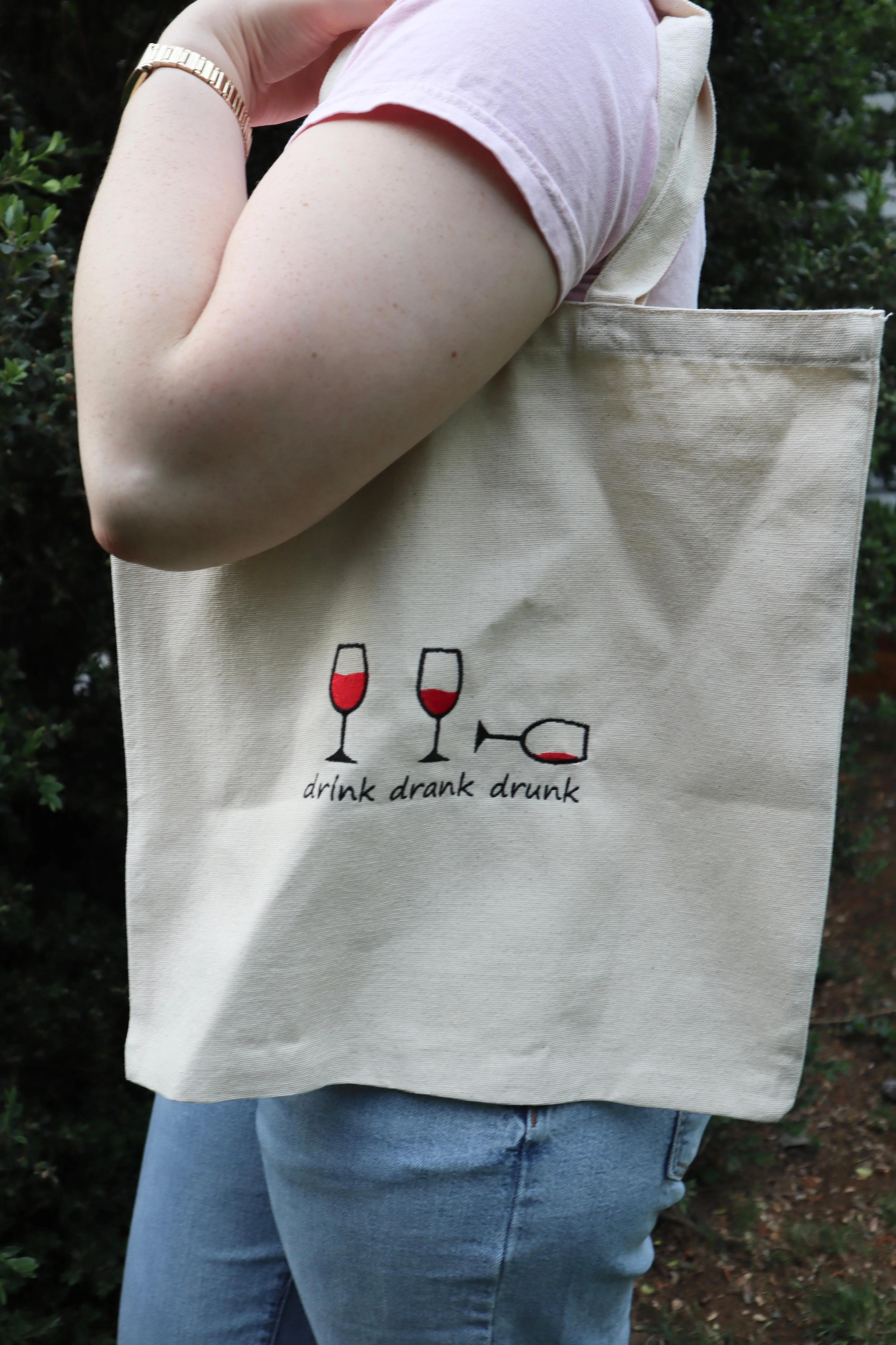 Embroidered Drink, Drank, Drunk Wine Natural Canvas Tote Bag