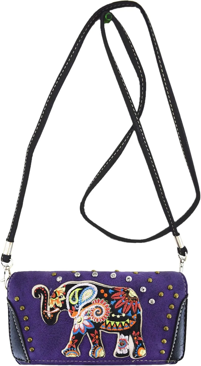 Embroidery Colorful Indian Elephant Western Style Women Wristlet Trifold Wallet Purse Cross Body Bag