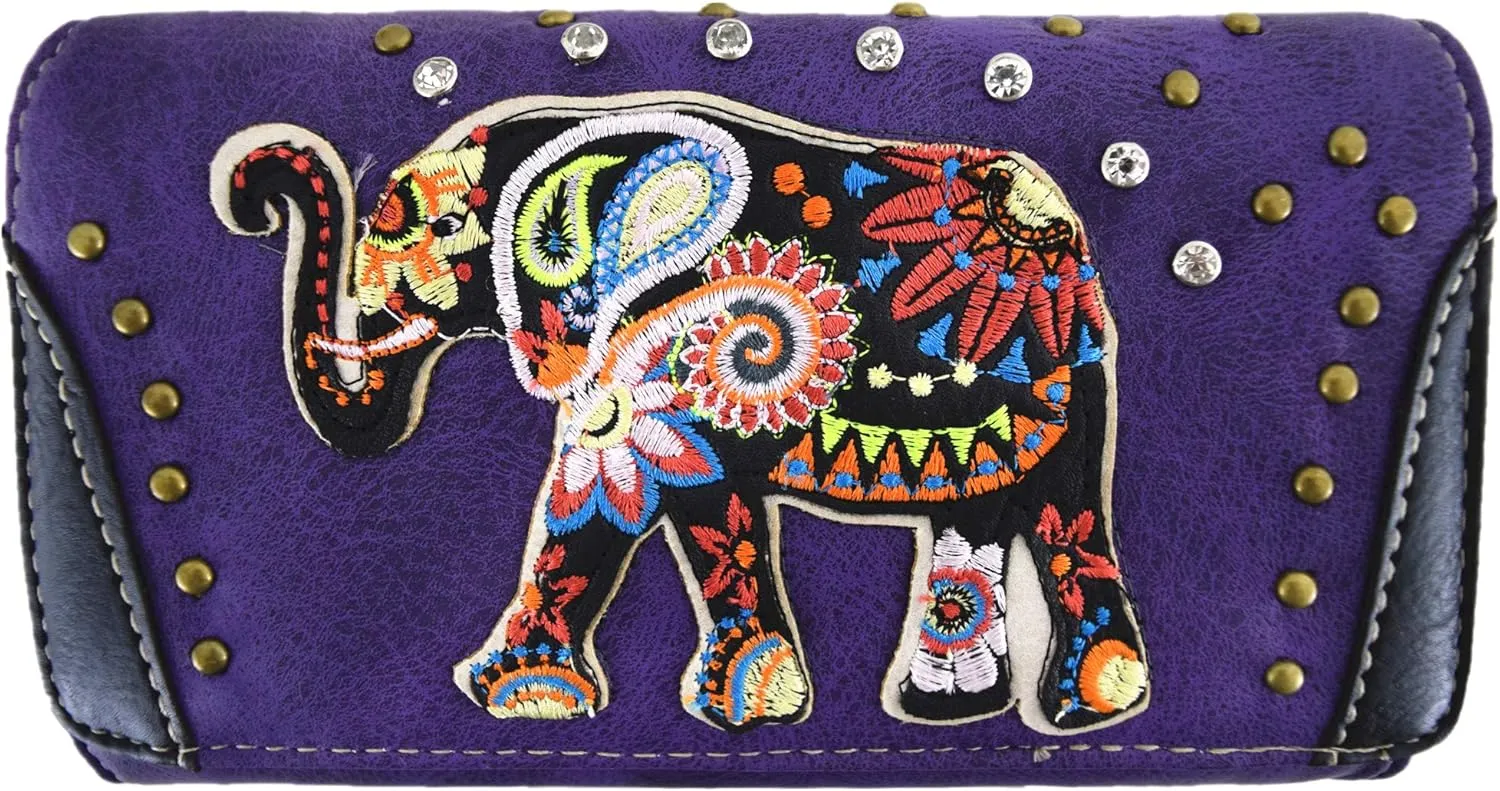 Embroidery Colorful Indian Elephant Western Style Women Wristlet Trifold Wallet Purse Cross Body Bag