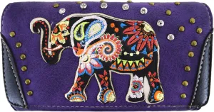 Embroidery Colorful Indian Elephant Western Style Women Wristlet Trifold Wallet Purse Cross Body Bag
