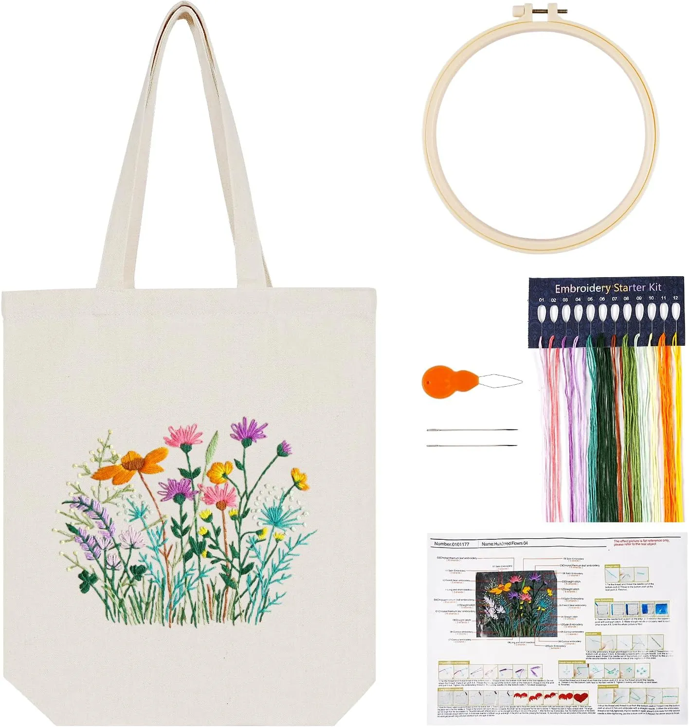 Embroidery Kit Canvas Tote Bag, Hand Embroidery Kit with Floral Pattern for Beginners, Cross Stitch Kits for Adults, Arts and DIY Crafts Kits, Embroidery Starter kit with Embroidery Bag and Tools