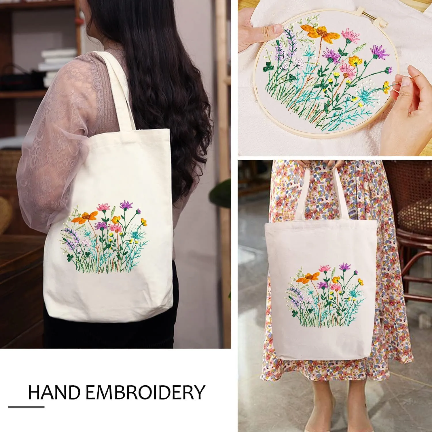 Embroidery Kit Canvas Tote Bag, Hand Embroidery Kit with Floral Pattern for Beginners, Cross Stitch Kits for Adults, Arts and DIY Crafts Kits, Embroidery Starter kit with Embroidery Bag and Tools