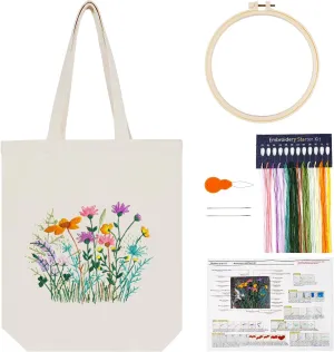 Embroidery Kit Canvas Tote Bag, Hand Embroidery Kit with Floral Pattern for Beginners, Cross Stitch Kits for Adults, Arts and DIY Crafts Kits, Embroidery Starter kit with Embroidery Bag and Tools